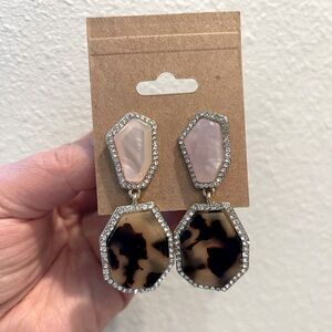 Tortoise Print with Rose Quartz Faux Diamonds Dangle Earrings